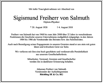 Traueranzeige von Sigismund Freiherr von Salmuth von Frankfurter Allgemeine Zeitung