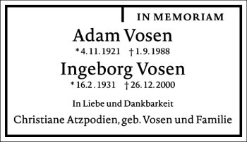 Traueranzeige von Adam Vosen Ingeborg Vosen von Frankfurter Allgemeine Zeitung