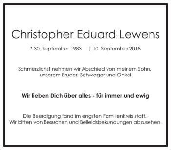 Traueranzeige von Christopher Eduard Lewens von Frankfurter Allgemeine Zeitung