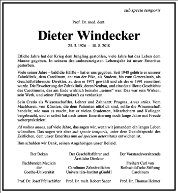 Traueranzeige von Dieter Windecker von Frankfurter Allgemeine Zeitung