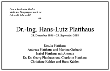 Traueranzeige von Dr.-Ing. Hans-Lutz Platthaus von Frankfurter Allgemeine Zeitung