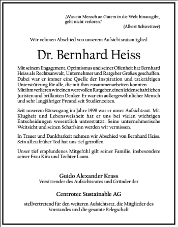Traueranzeige von Dr. Bernhard Heiss von Frankfurter Allgemeine Zeitung