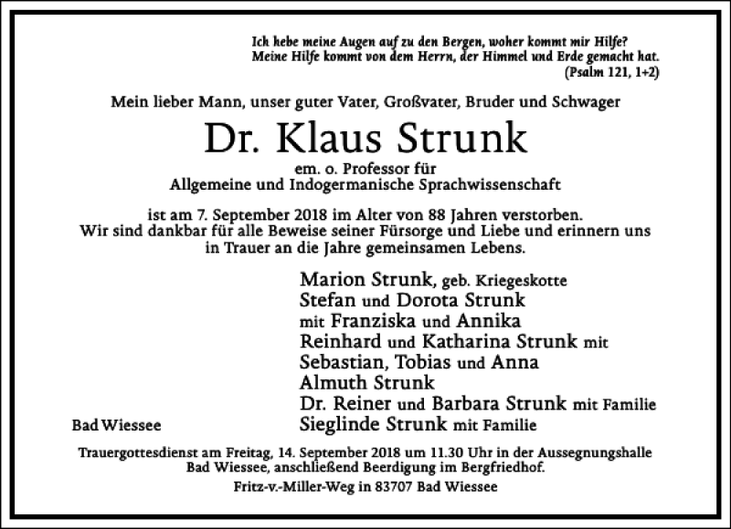  Traueranzeige für Dr. Klaus Strunk vom 12.09.2018 aus Frankfurter Allgemeine Zeitung