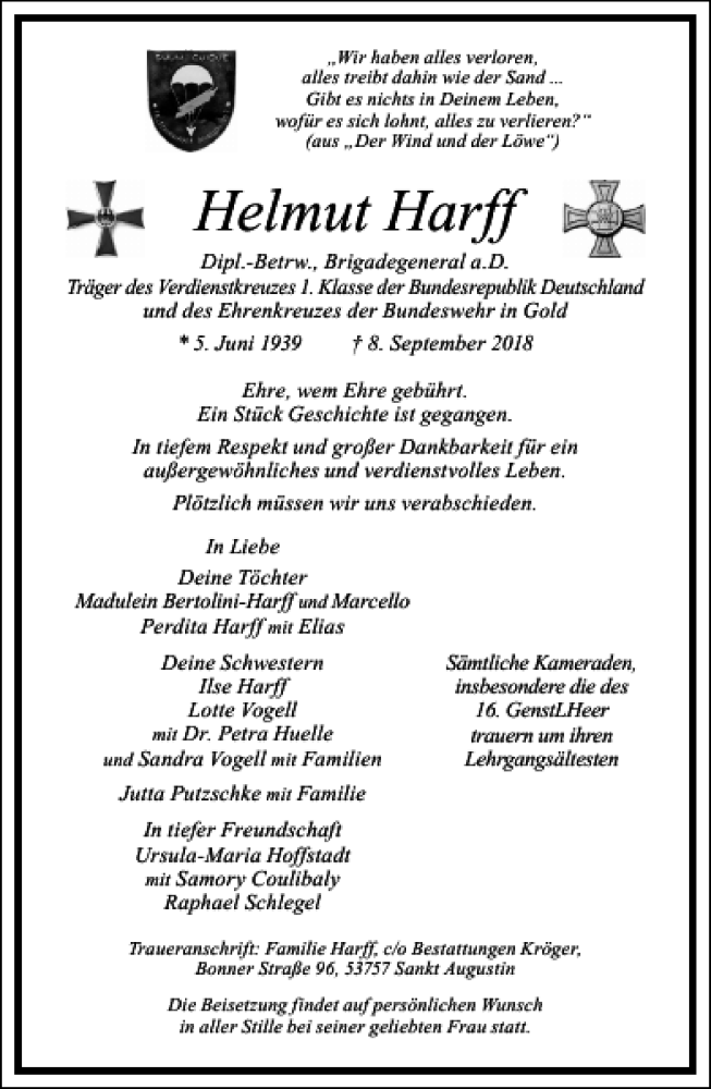  Traueranzeige für Helmut Harff vom 15.09.2018 aus Frankfurter Allgemeine Zeitung
