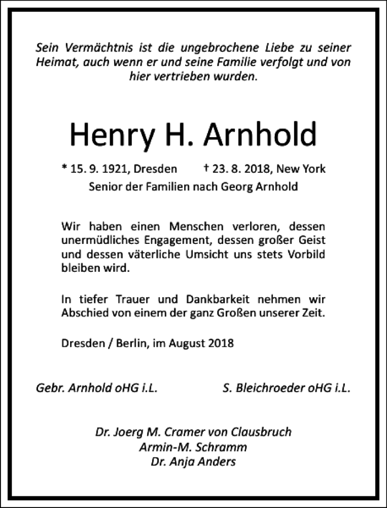  Traueranzeige für Henry H. Arnhold vom 04.09.2018 aus Frankfurter Allgemeine Zeitung