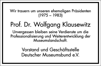 Traueranzeige von Prof. Dr. Wolfgang Klausewitz von Frankfurter Allgemeine Zeitung