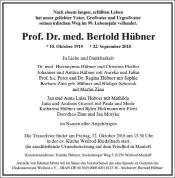 Traueranzeige von Prof. Dr. med. Bertold Hübner von Frankfurter Allgemeine Zeitung