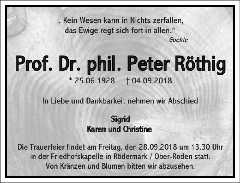  Traueranzeige für Prof. Dr. phil. Peter Röthig vom 15.09.2018 aus Frankfurter Allgemeine Zeitung