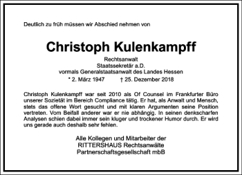 Traueranzeige von Christoph Kulenkampff von Frankfurter Allgemeine Zeitung