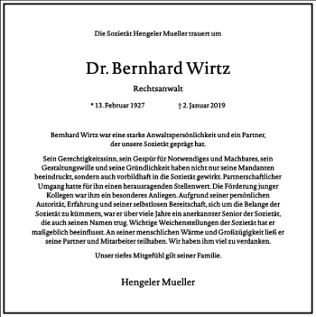 Traueranzeige von Dr. Bernhard Wirtz von Frankfurter Allgemeine Zeitung