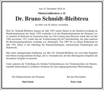 Traueranzeige von Dr. Bruno Schmidt-Bleibtreu von Frankfurter Allgemeine Zeitung