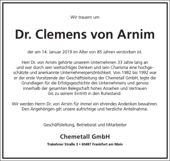 Traueranzeige von Dr. Clemens von Arnim von Frankfurter Allgemeine Zeitung