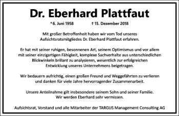 Traueranzeige von Dr. Eberhard Plattfaut von Frankfurter Allgemeine Zeitung