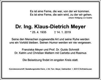 Traueranzeige von Dr. Ing. Klaus-Dietrich Meyer von Frankfurter Allgemeine Zeitung