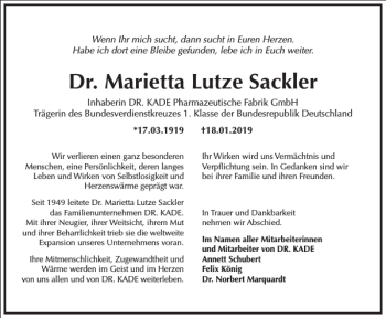 Traueranzeige von Dr. Marietta Lutze Sackler von Frankfurter Allgemeine Zeitung