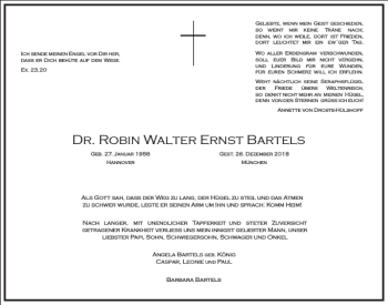 Traueranzeige von Dr. Robin Walter Ernst Bartels von Frankfurter Allgemeine Zeitung