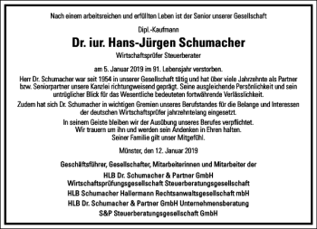 Traueranzeige von Dr. iur. Hans-Jürgen Schumacher von Frankfurter Allgemeine Zeitung