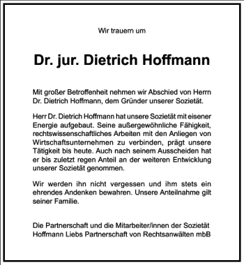Traueranzeige von Dr. jur. Dietrich Hoffmann von Frankfurter Allgemeine Zeitung