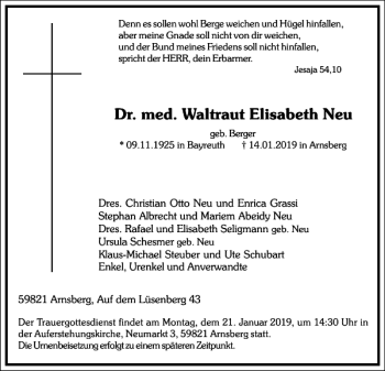 Traueranzeige von Dr. med. Waltraut Elisabeth Neu von Frankfurter Allgemeine Zeitung