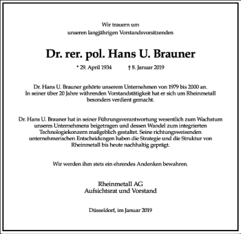 Traueranzeige von Dr. rer. pol. Hans U. Brauner  von Frankfurter Allgemeine Zeitung