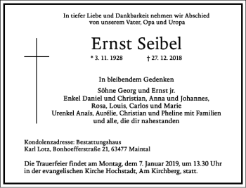 Traueranzeige von Ernst Seibel von Frankfurter Allgemeine Zeitung