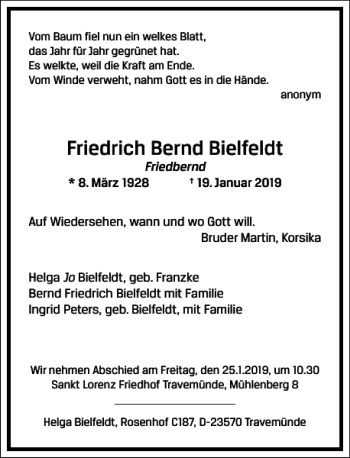 Traueranzeige von Friedrich Bernd Bielfeldt von Frankfurter Allgemeine Zeitung