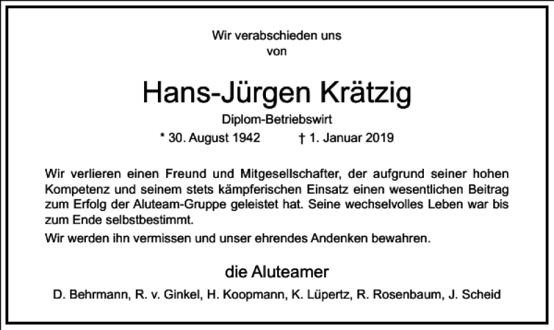  Traueranzeige für Hans-Jürgen Krätzig vom 05.01.2019 aus Frankfurter Allgemeine Zeitung