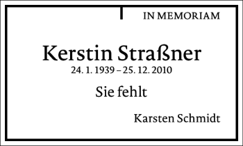 Traueranzeige von Kerstin Straßner von Frankfurter Allgemeine Zeitung