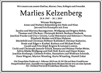 Traueranzeige von Marlies Kelzenberg von Frankfurter Allgemeine Zeitung