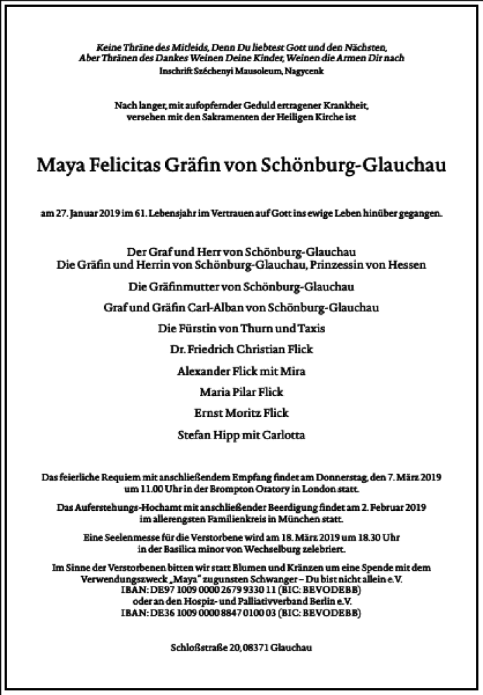  Traueranzeige für Maya Felicitas Gräfin von Schönburg-Glauchau vom 30.01.2019 aus Frankfurter Allgemeine Zeitung