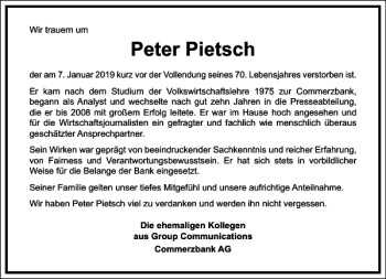 Traueranzeige von Peter Pietsch von Frankfurter Allgemeine Zeitung