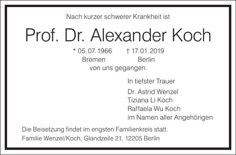  Traueranzeige für Prof. Dr. Alexander Koch vom 26.01.2019 aus Frankfurter Allgemeine Zeitung