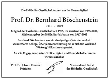 Traueranzeige von Prof. Dr. Bernhard Böschenstein von Frankfurter Allgemeine Zeitung