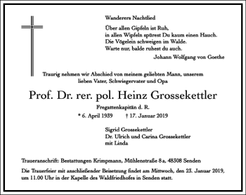 Traueranzeige von Prof. Dr. rer. pol. Heinz Grossekettler  von Frankfurter Allgemeine Zeitung