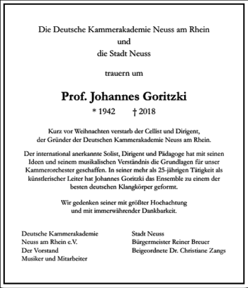 Traueranzeige von Prof. Johannes Goritzki von Frankfurter Allgemeine Zeitung