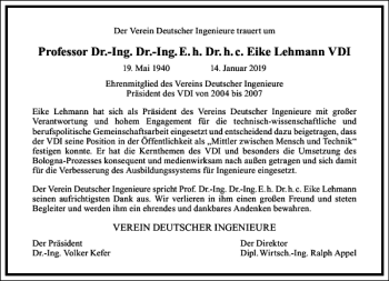 Traueranzeige von Professor Dr.-Ing. Dr.-Ing. E. h. Dr. h. c. Eike Lehmann VDI  von Frankfurter Allgemeine Zeitung