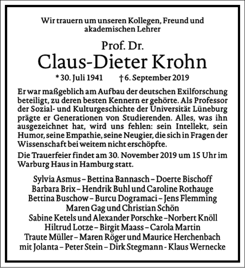  Traueranzeige für Claus-Dieter Krohn vom 09.10.2019 aus Frankfurter Allgemeine Zeitung