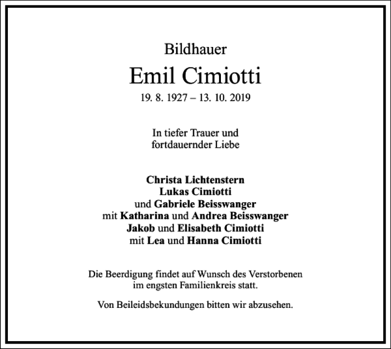  Traueranzeige für Emil Cimiotti vom 16.10.2019 aus Frankfurter Allgemeine Zeitung