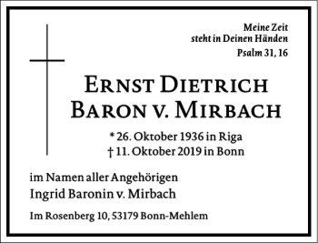 Traueranzeige von Ernst Dietrich Baron von Mirbach von Frankfurter Allgemeine Zeitung