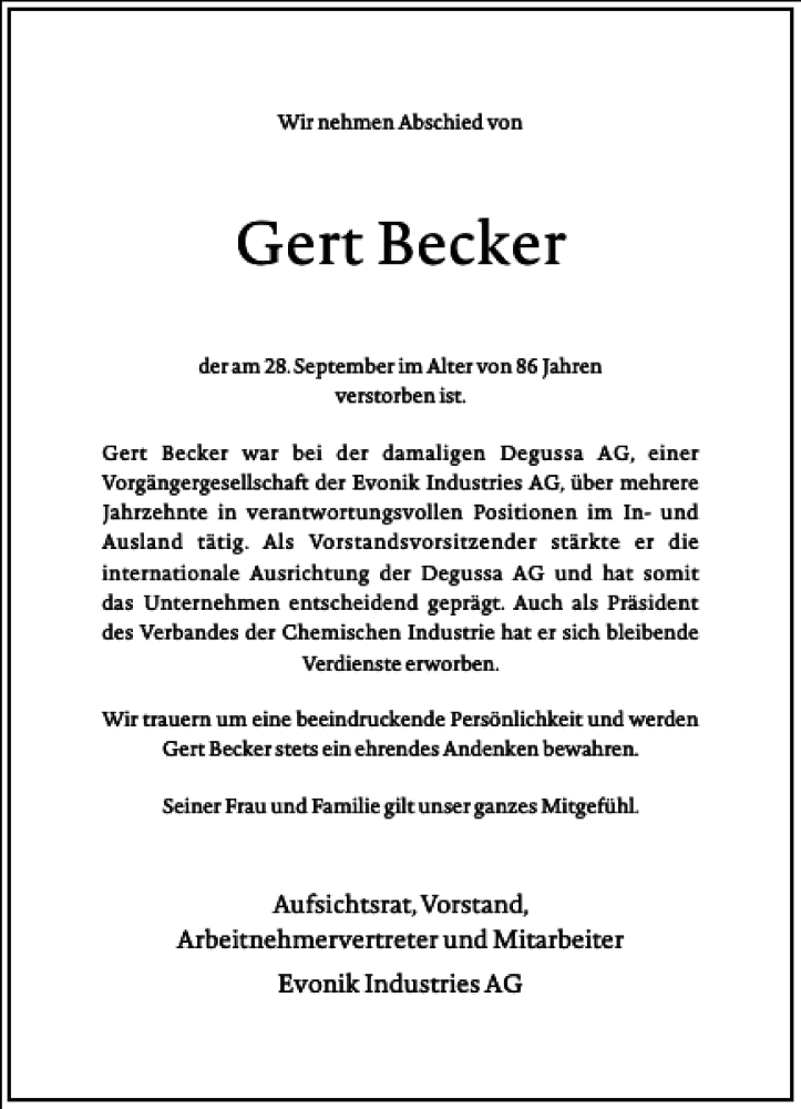  Traueranzeige für Gert Becker vom 05.10.2019 aus Frankfurter Allgemeine Zeitung