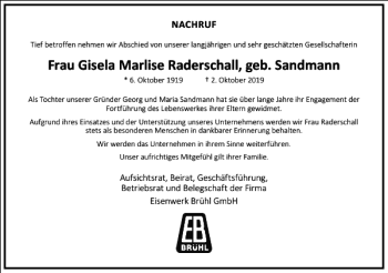 Traueranzeige von Gisela Marlise Raderschall von Frankfurter Allgemeine Zeitung