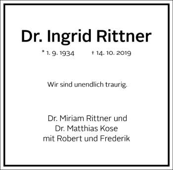 Traueranzeige von Ingrid Rittner von Frankfurter Allgemeine Zeitung