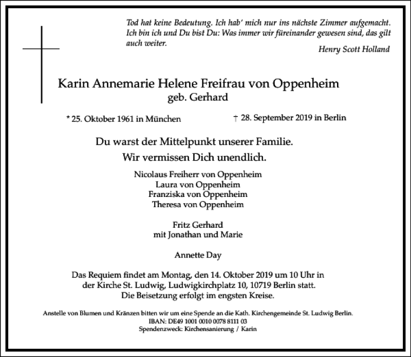 Traueranzeige für Karin Annemarie Helene Freifrau von Oppenheim  vom 05.10.2019 aus Frankfurter Allgemeine Zeitung