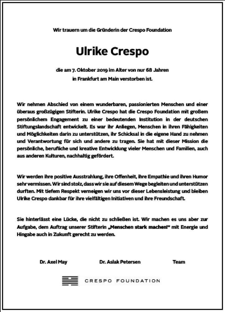  Traueranzeige für Ulrike Crespo vom 16.10.2019 aus Frankfurter Allgemeine Zeitung