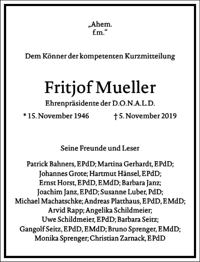  Traueranzeige für Fritjof Mueller vom 08.11.2019 aus Frankfurter Allgemeine Zeitung