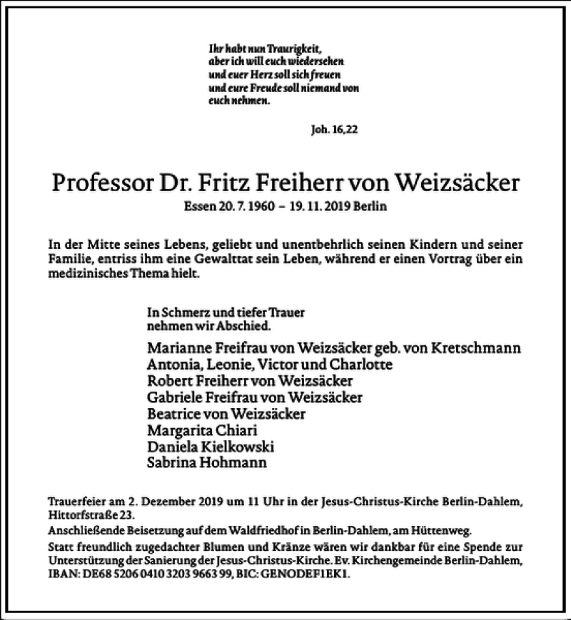  Traueranzeige für Fritz von Weizsäcker vom 27.11.2019 aus Frankfurter Allgemeine Zeitung