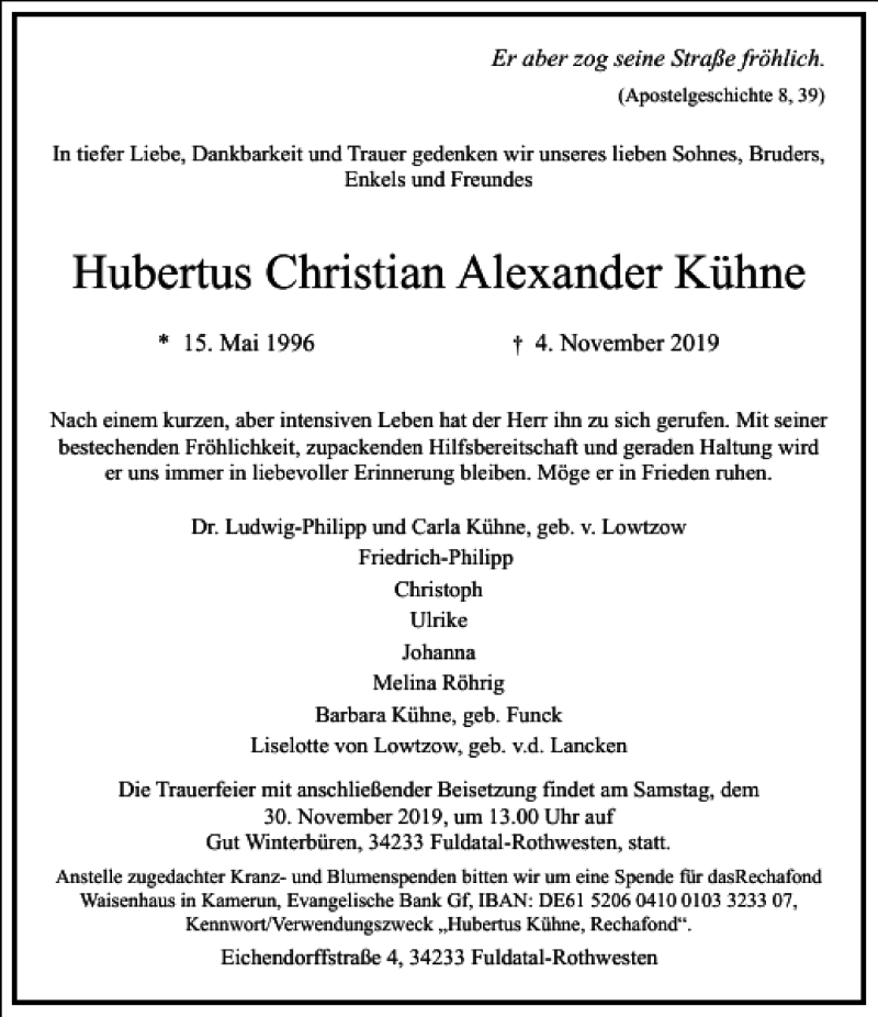  Traueranzeige für Hubertus Christian Alexander Kühne vom 26.11.2019 aus Frankfurter Allgemeine Zeitung