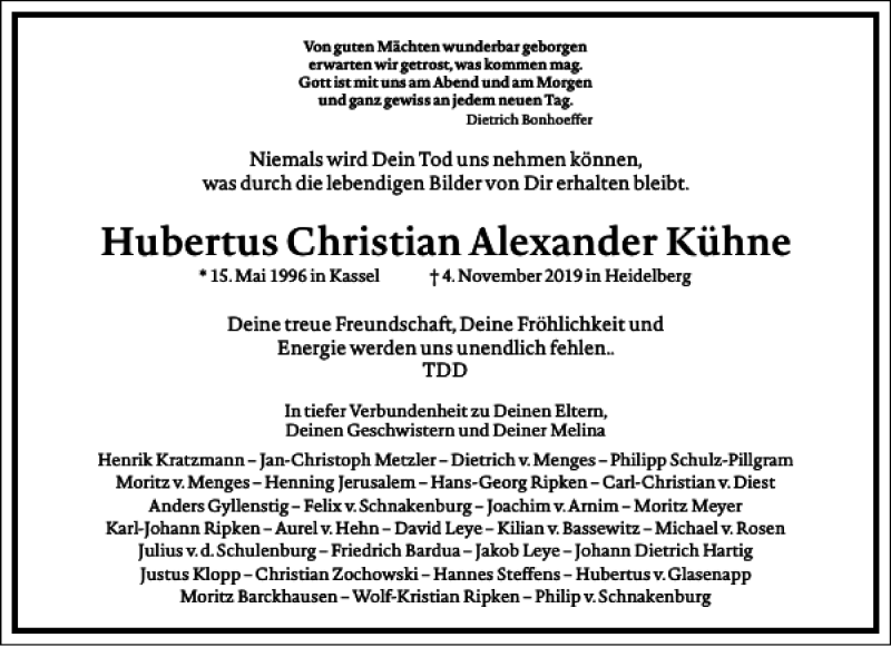  Traueranzeige für Hubertus Christian Alexander Kühne vom 30.11.2019 aus Frankfurter Allgemeine Zeitung