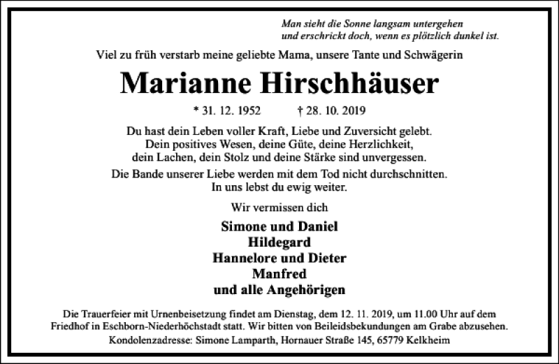  Traueranzeige für Marianne Hirschhäuser vom 07.11.2019 aus Frankfurter Allgemeine Zeitung