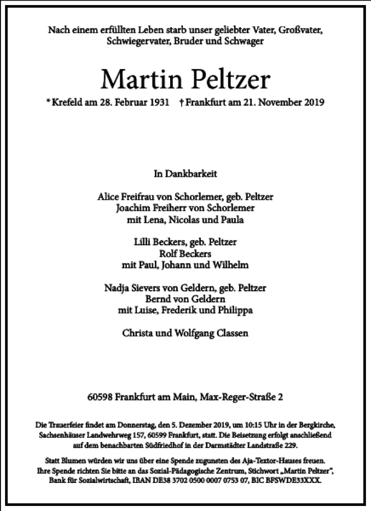  Traueranzeige für Martin Peltzer vom 27.11.2019 aus Frankfurter Allgemeine Zeitung